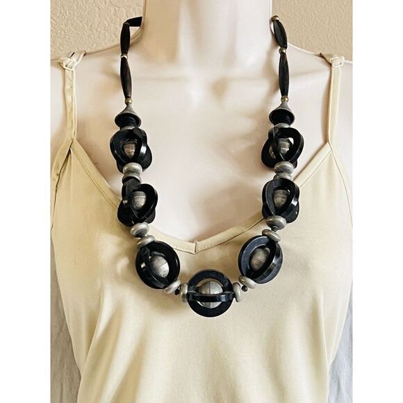 Necklace VTG Statement Collar Modernist Rare Beaded Silver Black Boho Massive - Picture 6 of 6
